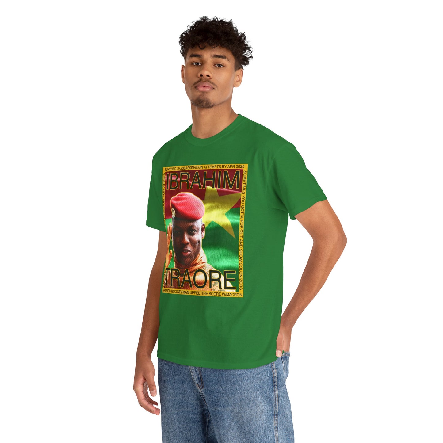 Ibrahim Traore - Sometimes You Gotta Pop Out and Show Colonizers - Unisex Heavy Cotton T-Shirt with Speech on Backside