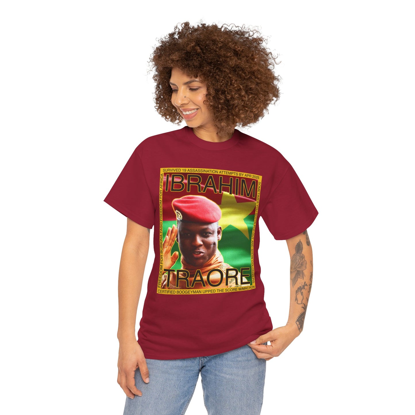 Ibrahim Traore - Sometimes You Gotta Pop Out and Show Colonizers - Unisex Heavy Cotton T-Shirt with Speech on Backside